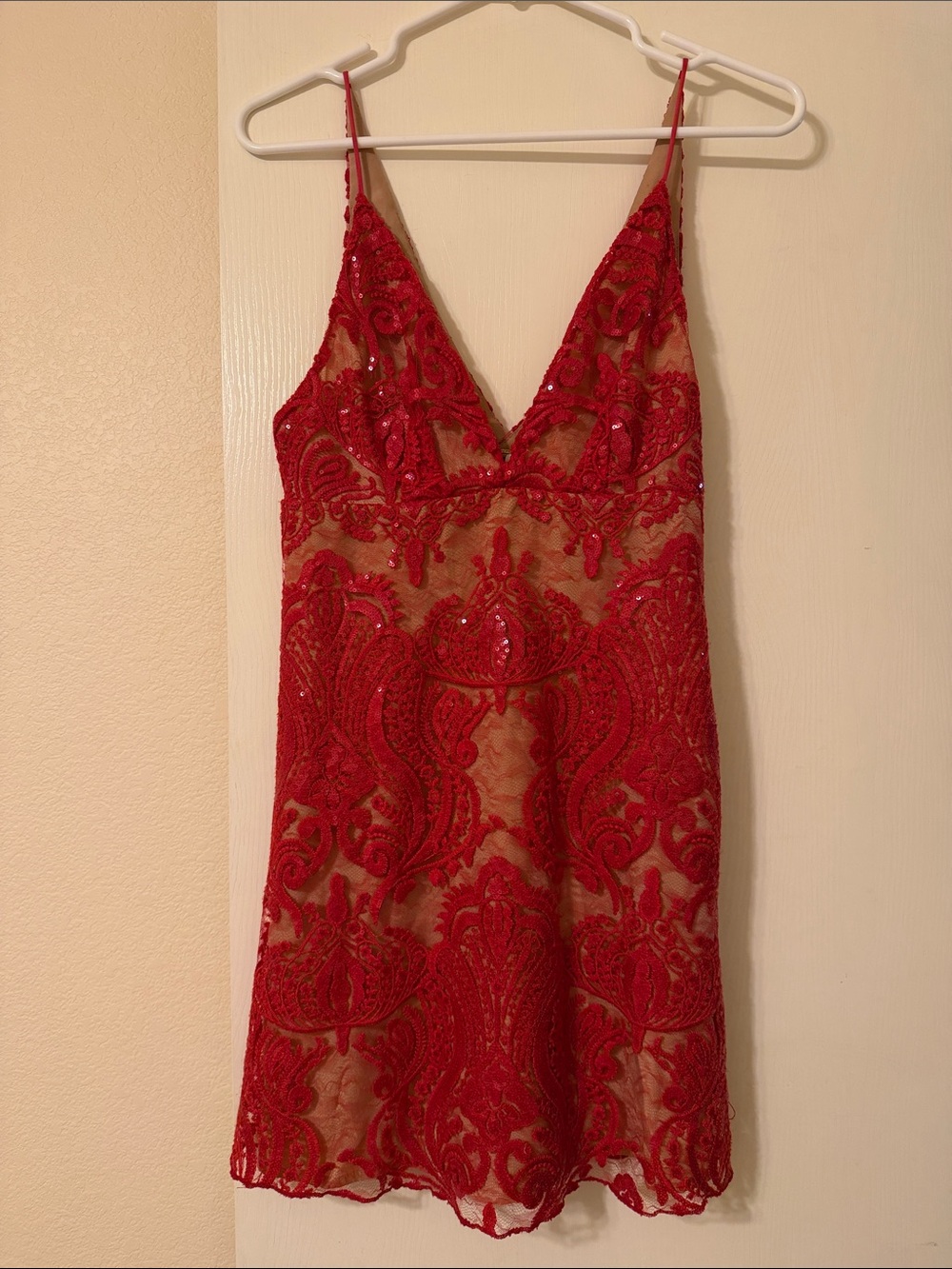 Free people Red Lace Sequin V-Neck Mini Dress
